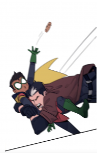 Damian no longer triumphantly holding a cookie as Jason Todd tackles him in Batman: Wayne Family Adventures Episode Two