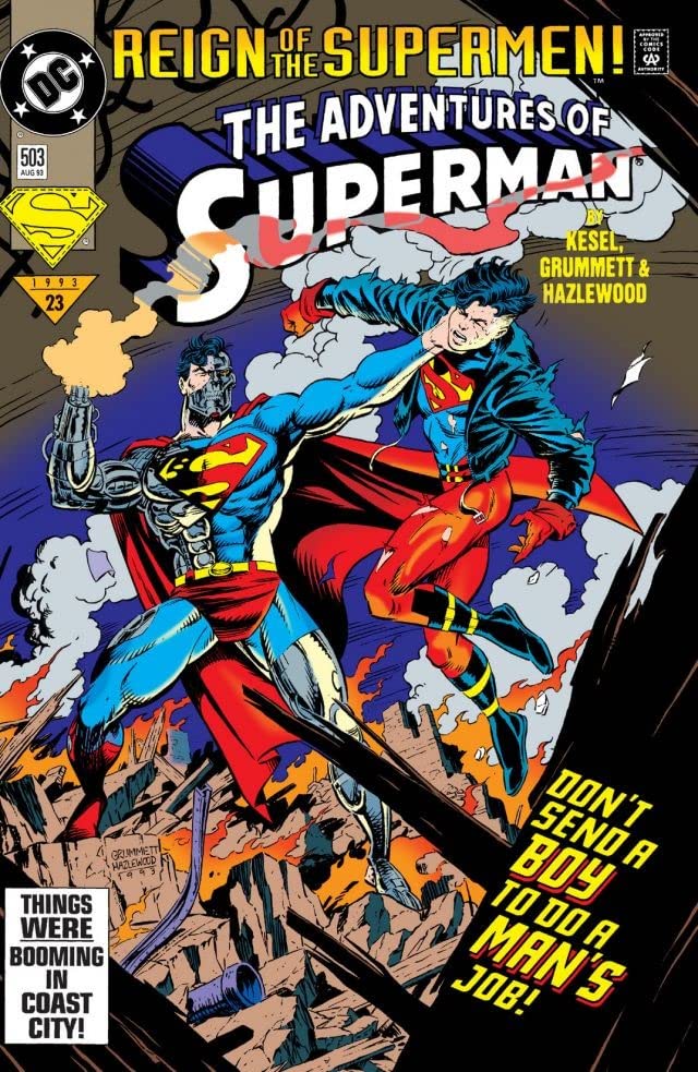 The Cyborg has the Kid at his mercy in Adventures of Superman #503