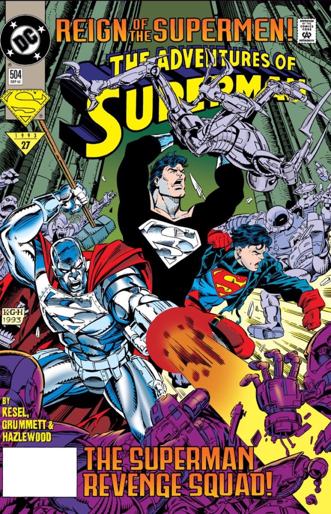 Superman, the Kid, and Steel fighting aliens on Adventures of Superman #504