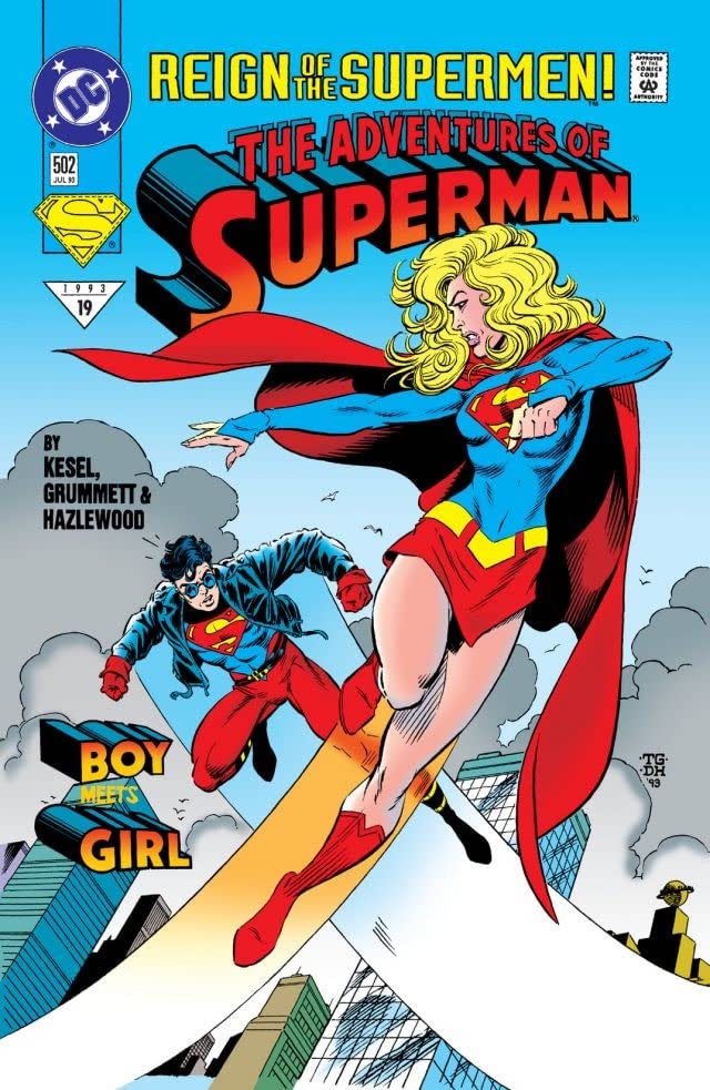 Superboy meets Supergirl on the cover of Adventures of Superman #502 by Tom Grummett, Doug Hazlewood and Glenn Whitmore