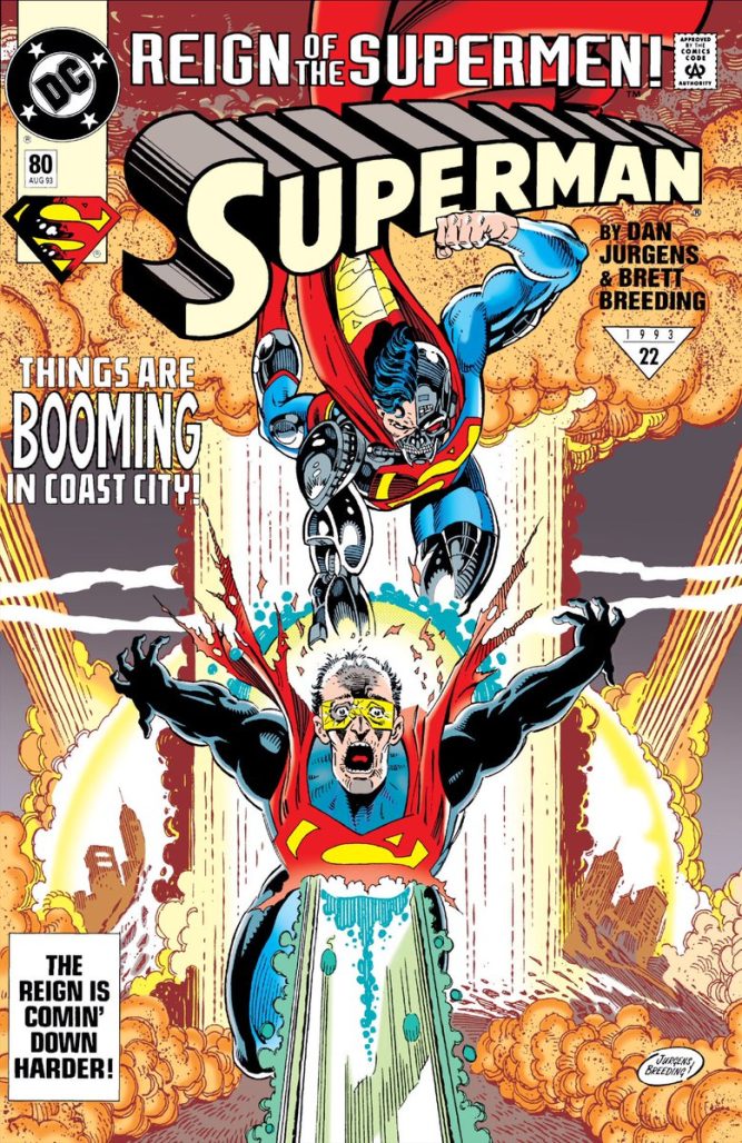 The Cyborg blows a hole in the Last Son of Krypton on Superman #80