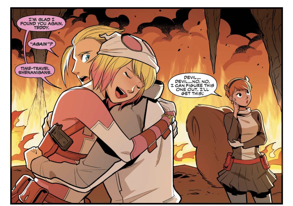 Gwen hugs her brother while Squirrel Girl is still stumped trying to figure out why they don't beat up the devil more.