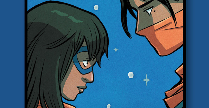 Ms. Marvel gazes into Red Dagger's eyes on the cover of the first entry in the Love Unlimited series on Marvel Unlimited.