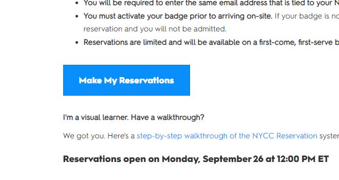 NYCC 2022 Reservations button