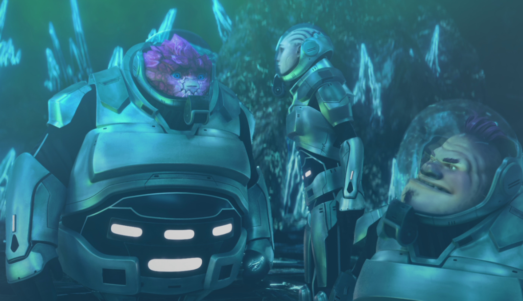 Rok-Tahk, Gwyn, and Jankom Pog wearing EV suits in the dilithium cave.