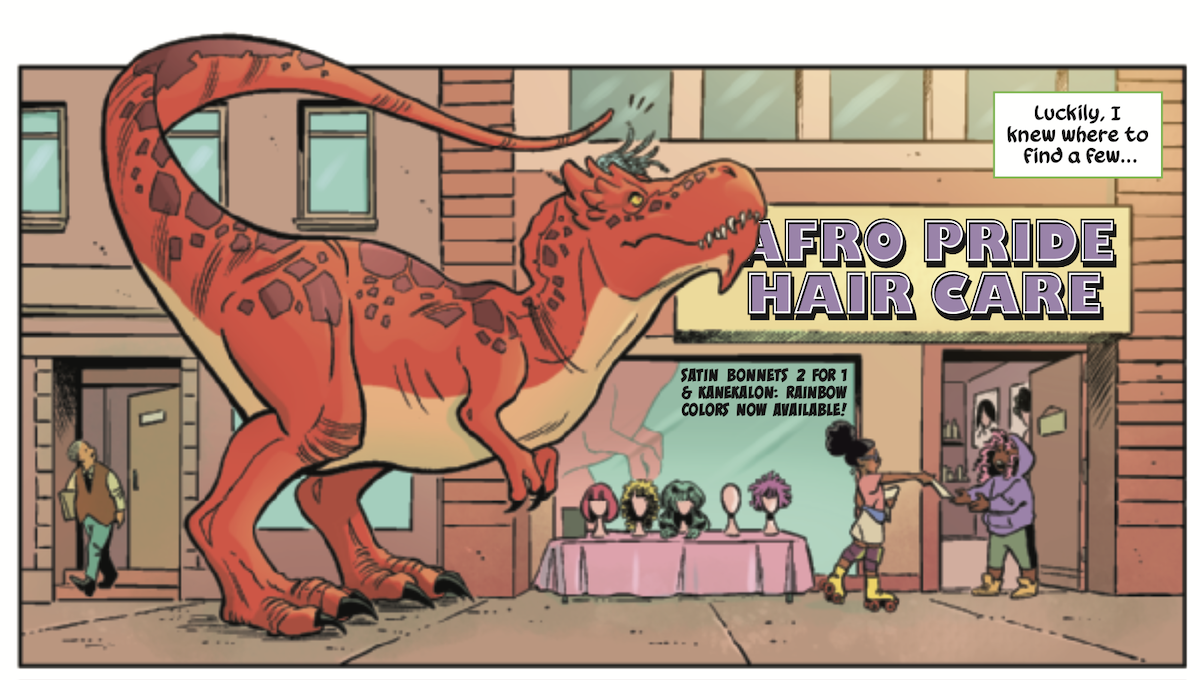 Moon Girl hands out fliers while Devil Dinosaur tries on a wig.
