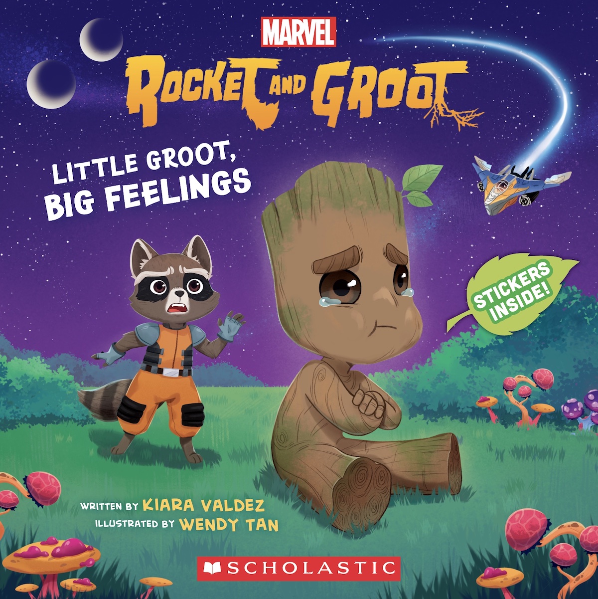 Rocket and Groot: Little Groot, Big Feelings from Marvel and Scholastic, written by Kiara Valdez and illustrated by Wendy Tan.
