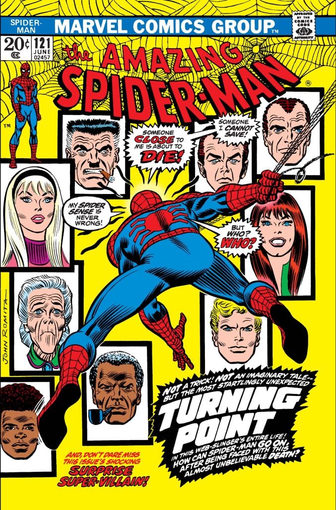 The cover of The Amazing Spider-Man #121, "The Night Gwen Stacy Died" (1973) by John Romita Sr.