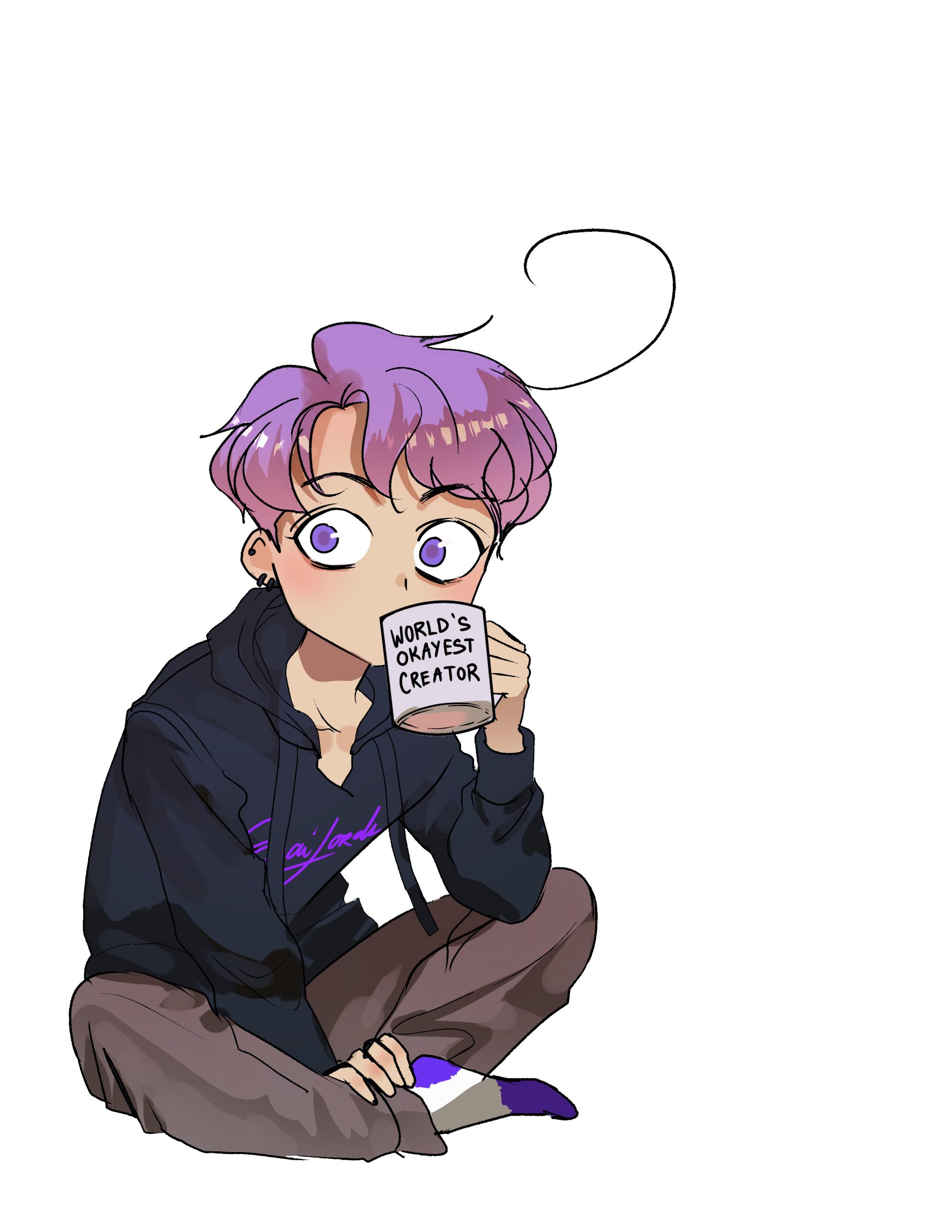 Freaking Romance creator SnaiLords self-portrait. He is wearing a hoodie, slacks, and socks, and drinking from a coffee mug labeled, "World's Okayest Creator."