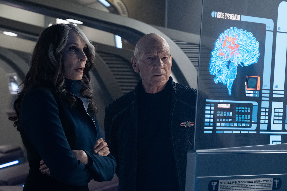 Gates McFadden as Dr. Beverly Crusher and Patrick Stewart as Picard in "The Bounty" Episode 306, Star Trek: Picard on Paramount+.