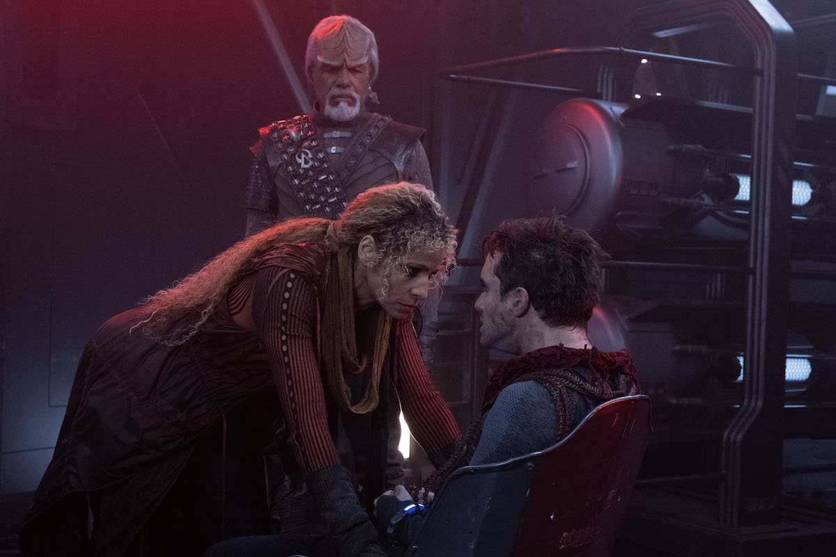 Michael Dorn as Worf, Michelle Hurd as Raffi Musiker and Thomas Dekker as Titus in "Seventeen Seconds" Episode 303, Star Trek: Picard on Paramount+. 