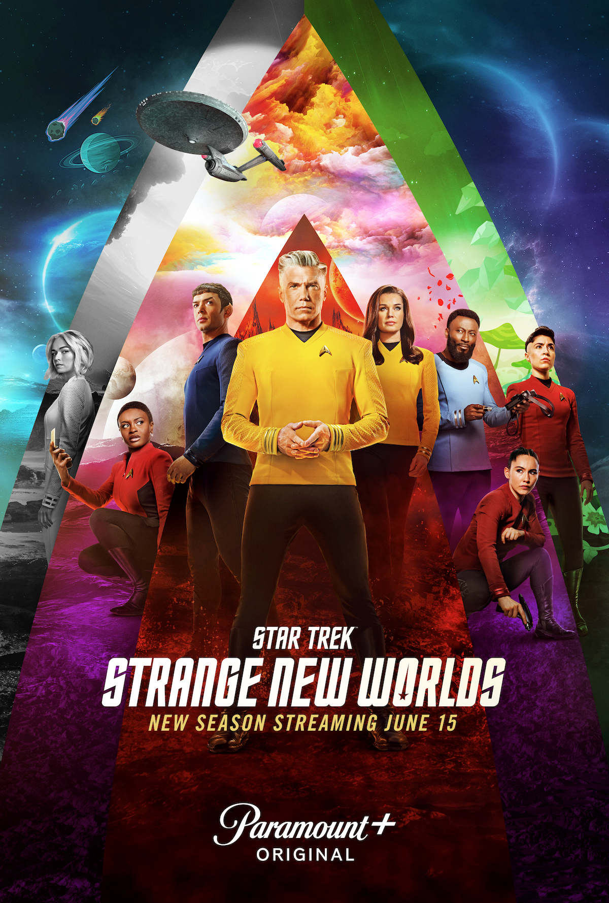 Jess Bush as Chapel, Celia Rose Gooding as Shura, Ethan Peck as Spock, Anson Mount as Pike, Rebecca Romijn as Una, Babs Olusanmokun as M’Benga, Christina Chong as La’an and Melissa Navia as Ortegas of Star Trek: Strange New Worlds, streaming on Paramount+, 2023