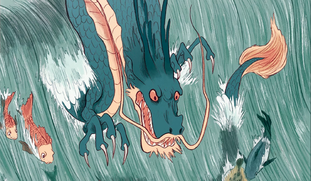 An angry-looking dragon seems to surf down a giant wave with much smaller fish to either side of it.