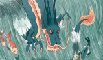 GRAPHIC NOVEL REVIEW: GUARDIAN OF FUKUSHIMA is a luminous portrayal of compassion in disaster An angry-looking dragon seems to surf down a giant wave with much smaller fish to either side of it.
