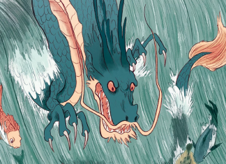 GRAPHIC NOVEL REVIEW: GUARDIAN OF FUKUSHIMA is a luminous portrayal of compassion in disaster An angry-looking dragon seems to surf down a giant wave with much smaller fish to either side of it.