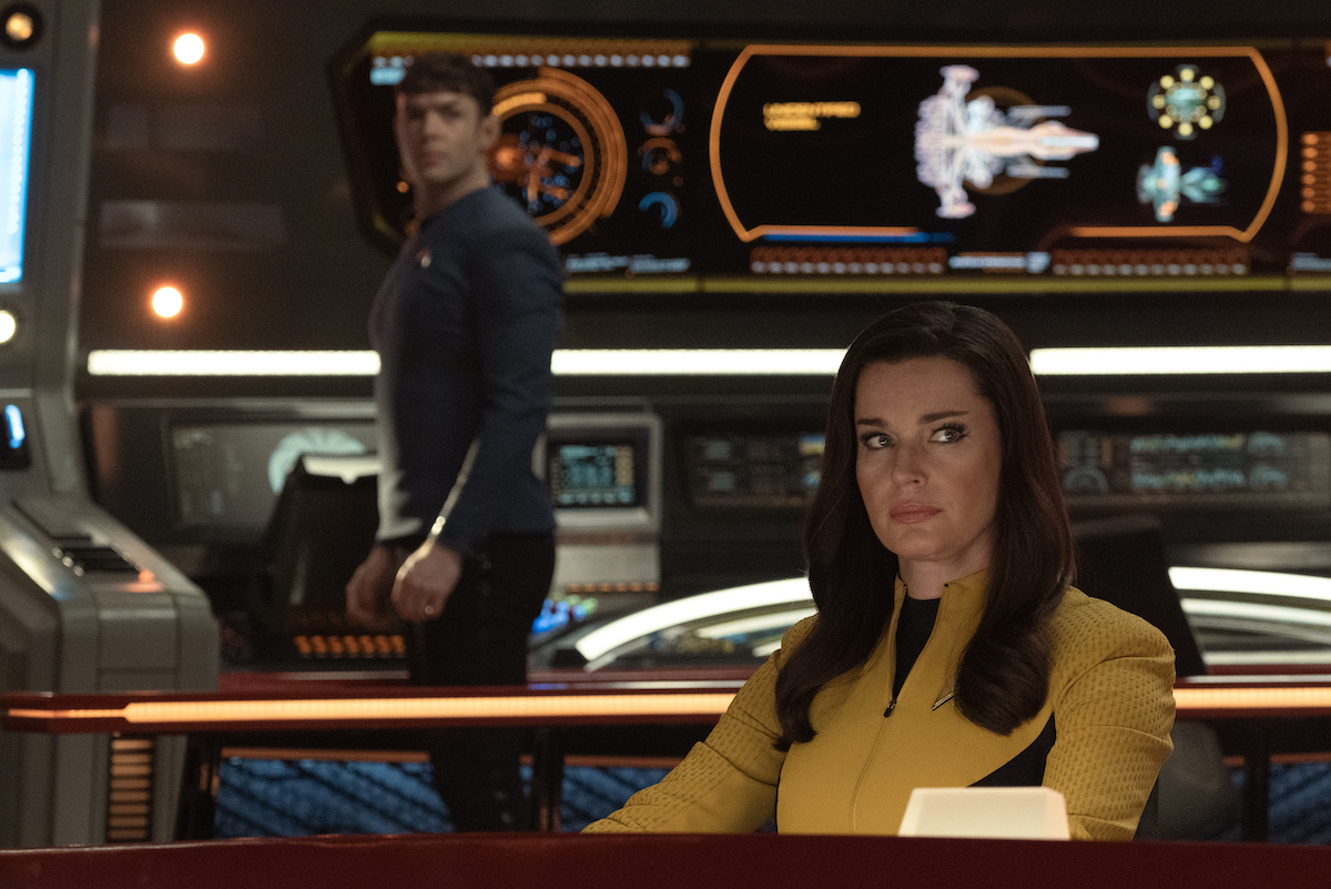 Ethan Peck as Spock and Rebecca Romijn as Una in the trailer of Star Trek: Strange New Worlds, streaming on Paramount+, 2023.