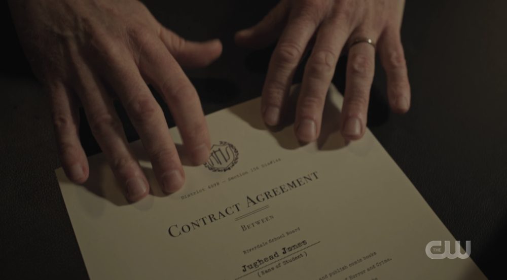 Featherhead hands Jughead a contract to attend Riverdale High