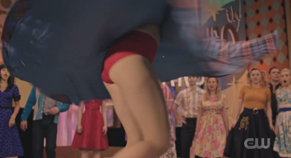Betty Cooper flashes her red panties on Riverdale Grandstand