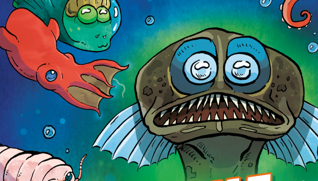 The cover of The Deep! featuring a Telescopefish, vampire squid, barreleye fish, and giant isopod.