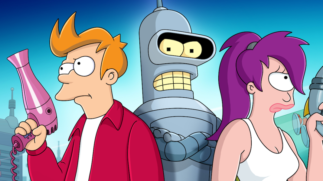Fry (Billy West), Bender (John DiMaggio), and Leela (Katey Sagal) in Futurama season 11.