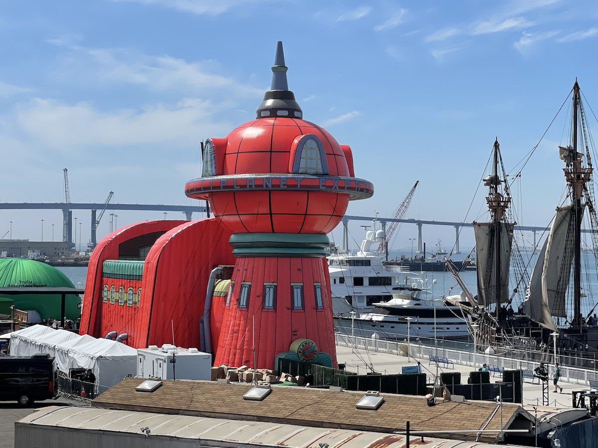 The inflatable PlanEx building at SDCC '23.