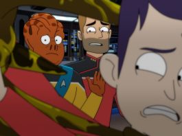 Carl Tart as Lieutenant Kayshon, Jerry O'Connell as Commander Jack Random, Jack Quaid as Ensign Bradward Boimler in Star Trek: Lower Decks season 4.