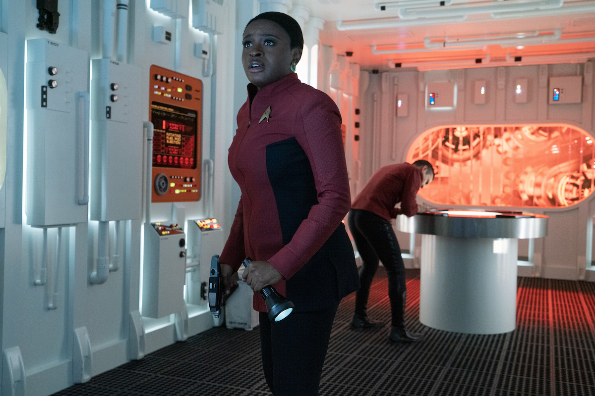 Celia Rose Gooding as Uhura and Michael Reventar as Lt. Ramon in Star Trek: Strange New Worlds, streaming on Paramount+, 2023. 