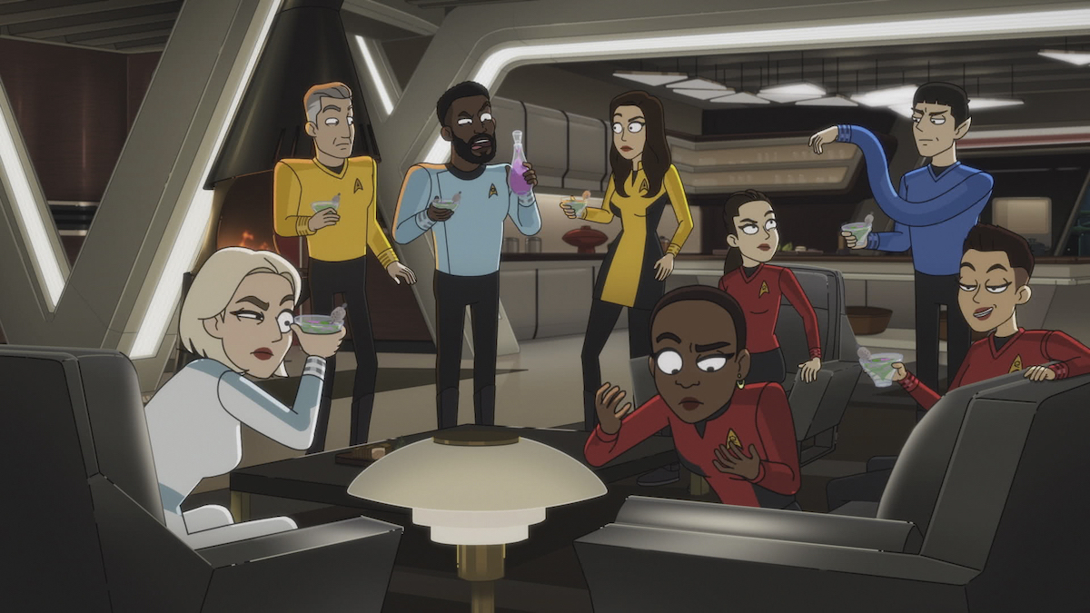 Jess Bush as Chapel, Anson Mount as Pike, Babs Olusanmokun as M'Benga, Rebecca Romijn as Una, Celia Rose Gooding as Uhura, Christina Chong as La'an, Ethan Peck as Spock and Melissa Navia as Ortegas appearing in Star Trek: Strange New Worlds, streaming on Paramount+, 2023. 