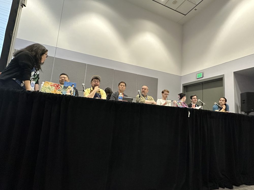 The industry professionals invited to the Manga Publishing Roundtable as they were lined up and visibly seated in front of the audience at Anime Expo 2023.