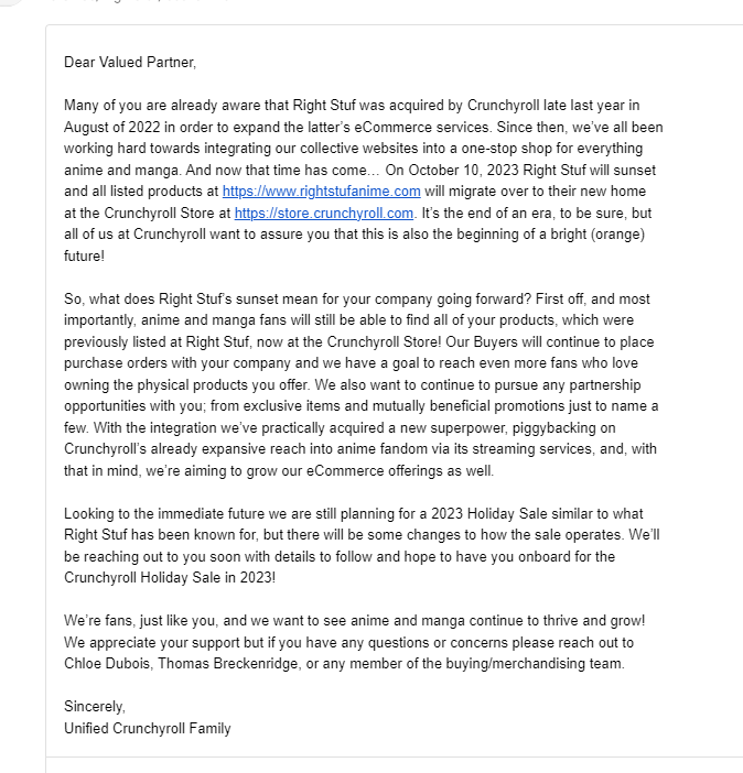 RightStuf Letter about Crunchyroll Store Change
