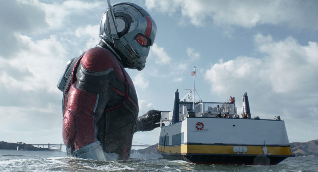Giant-Man emerging from water near a ferry in Ant-Man and the Wasp