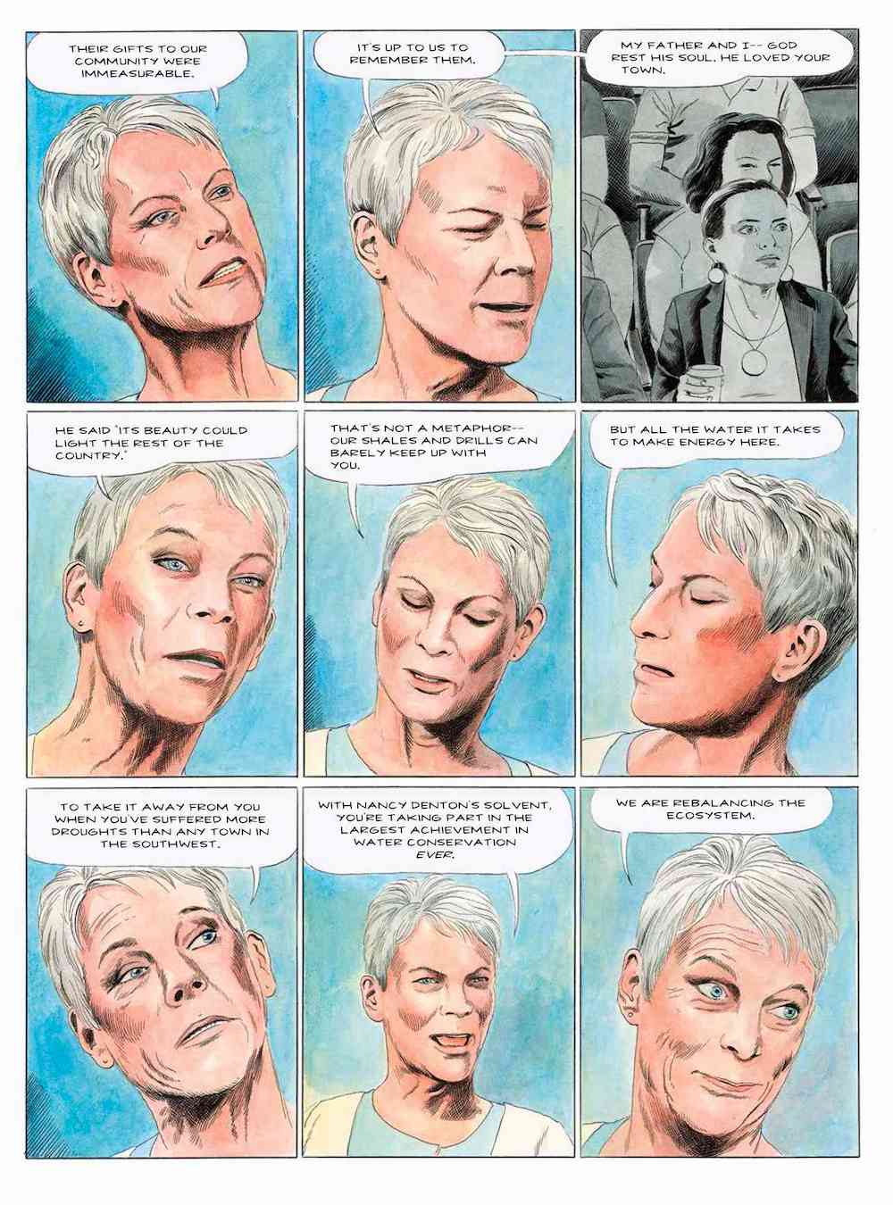 Jamie Lee Curtis look-alike in Mother Nature, co-written by Jamie Lee Curtis and Russell Goldman with art by Karl Stevens