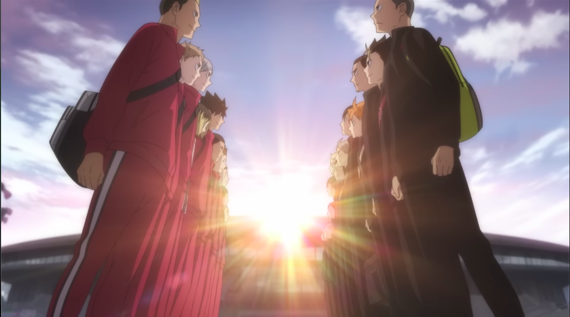 Shown in the image are the Nekoma players facing the Karasuno players.