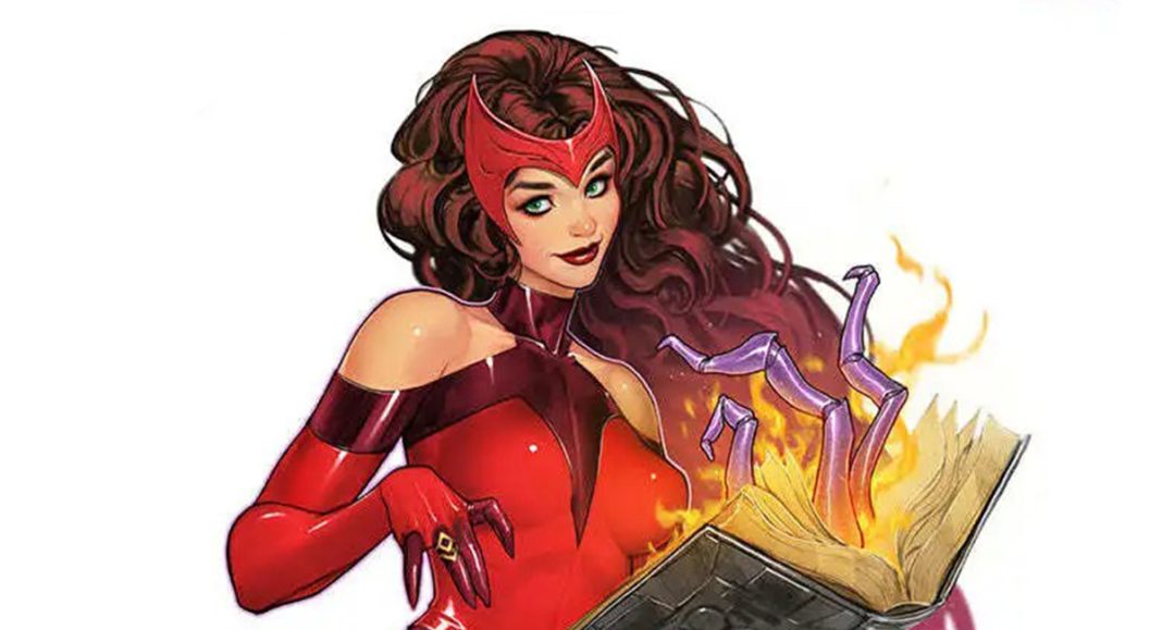 Scarlet Witch looking coy with spell book by David Nakayama