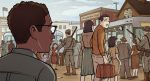 GRAPHIC NOVEL REVIEW: WE ARE NOT STRANGERS showcases a different angle of Japanese-American internment We Are Not Strangers featured image: a man with glasses looks on as Japanese-Americans walk away with suitcases in the 1940s