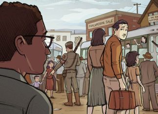 GRAPHIC NOVEL REVIEW: WE ARE NOT STRANGERS showcases a different angle of Japanese-American internment We Are Not Strangers featured image: a man with glasses looks on as Japanese-Americans walk away with suitcases in the 1940s