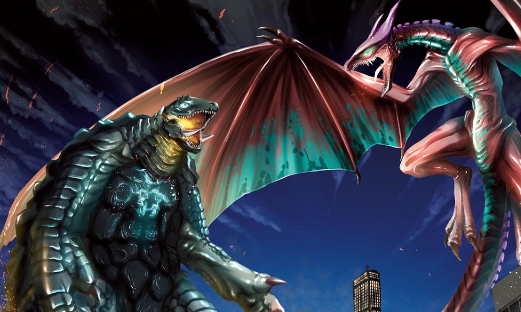 Gamera faces off against Gyaos in the Gamera -Rebirth- Code Thyrsos manga