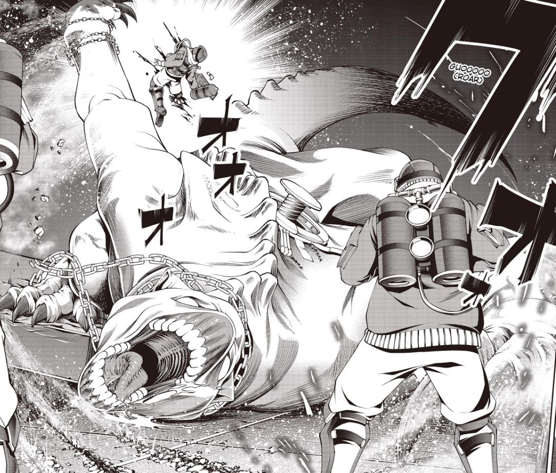 Soldiers fight an unnamed Kaiju in Gamera -Rebirth- code thyrsos manga