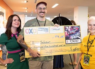 Telgemeier, Clowes, Salazar and Reid win 2023 CxC Awards Caitlin McGurk, chair of CXC’s award committee, Curator of Comics and Cartoon Art of the Billy Ireland Cartoon Library & Museum, Evan Salazar, winner of the CXC 2023 Emerging Talent Prize and Lucy Shelton Caswell, co-founder of CXC, Founding Curator of the Billy Ireland Cartoon Library & Museum