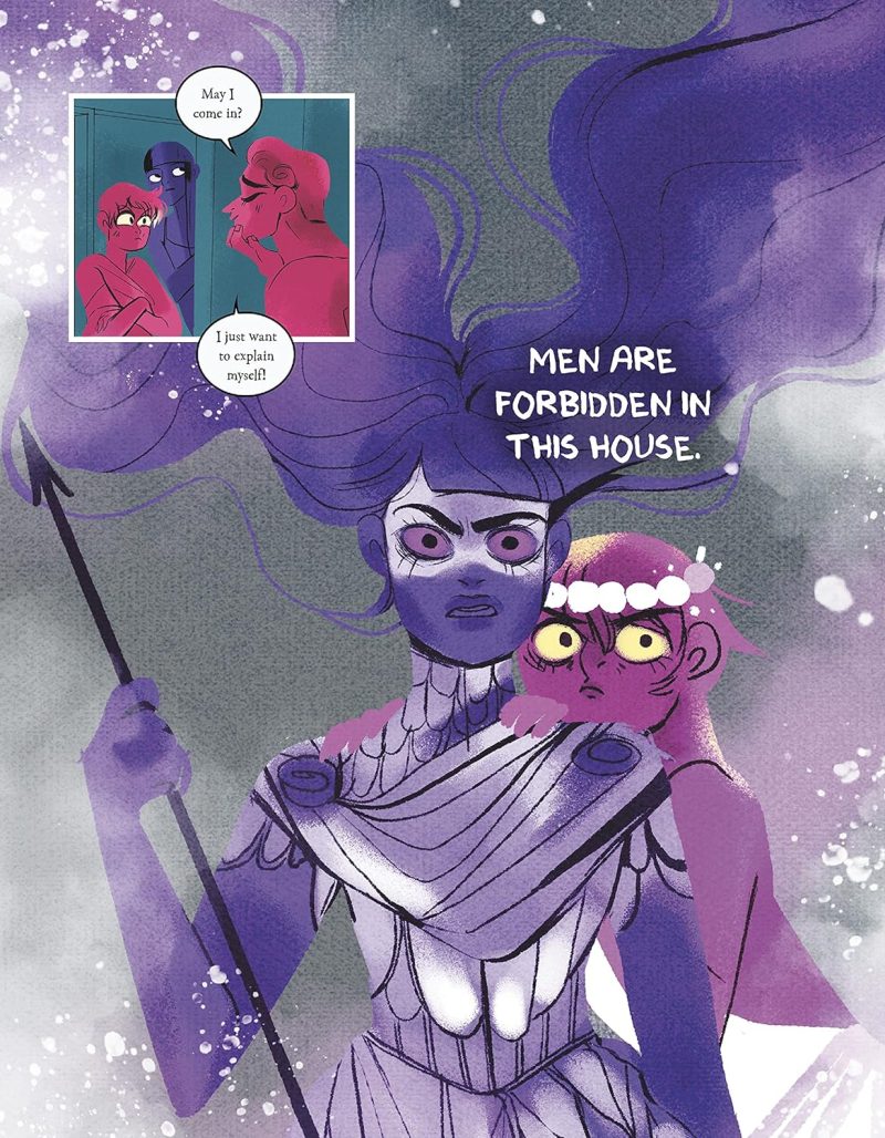 Page from Lore Olympus Volume 1 where Artemis is wielding a harpoon-like weapon, blocking Adonis from entering her home and interacting with Persephone.