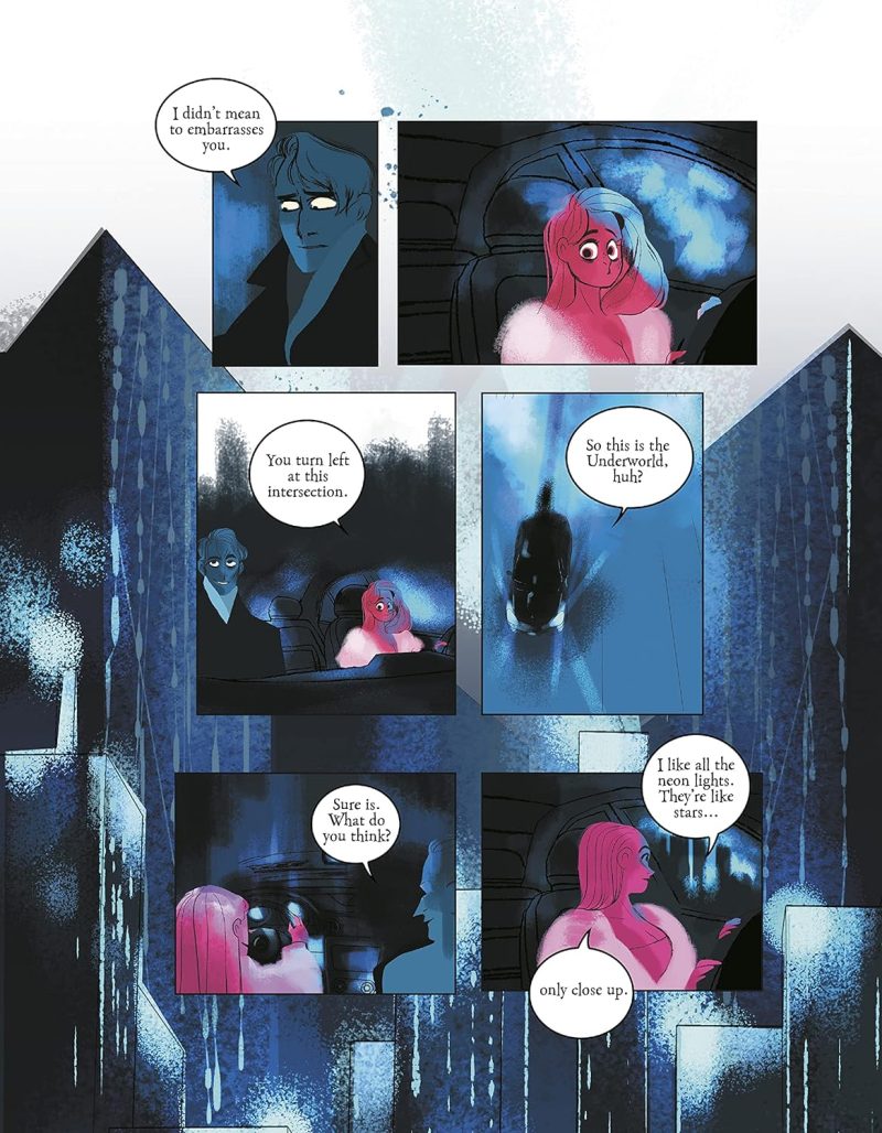 Pagr from Lore Olympus Volume 1 where Hades and Persephone are driving through the Underworld. Persephone stands out with her pink hues against Hades and the Underworld's dark blacks and blues.