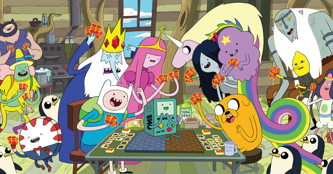 Classic incarnations of the Adventure Time gang gather in Finn and Jake's treehouse to play Card Wars.