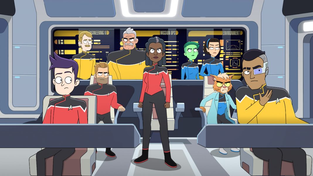 The Cerritos bridge crew with the Beta Shift alums in the Star Trek: Lower Decks season 4 finale, "Old Friends, New Planets."