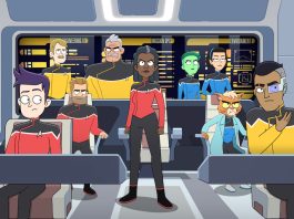 The Cerritos bridge crew with the Beta Shift alums in the Star Trek: Lower Decks season 4 finale, "Old Friends, New Planets."