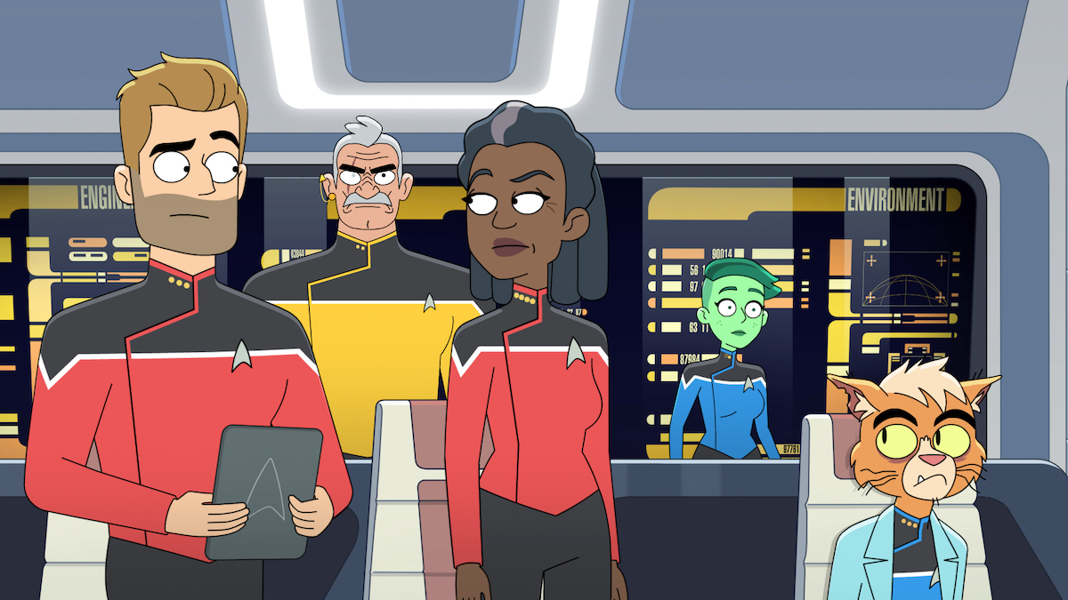 L-R Jerry O’Connell as Jack Ransom, Fred Tatasciore as Lieutenant Shaxs, Dawnn Lewis as Captain Carol Freeman and Noël Wells as Tendi in episode 10, season 4 of Lower Decks streaming on Paramount+, 2023.