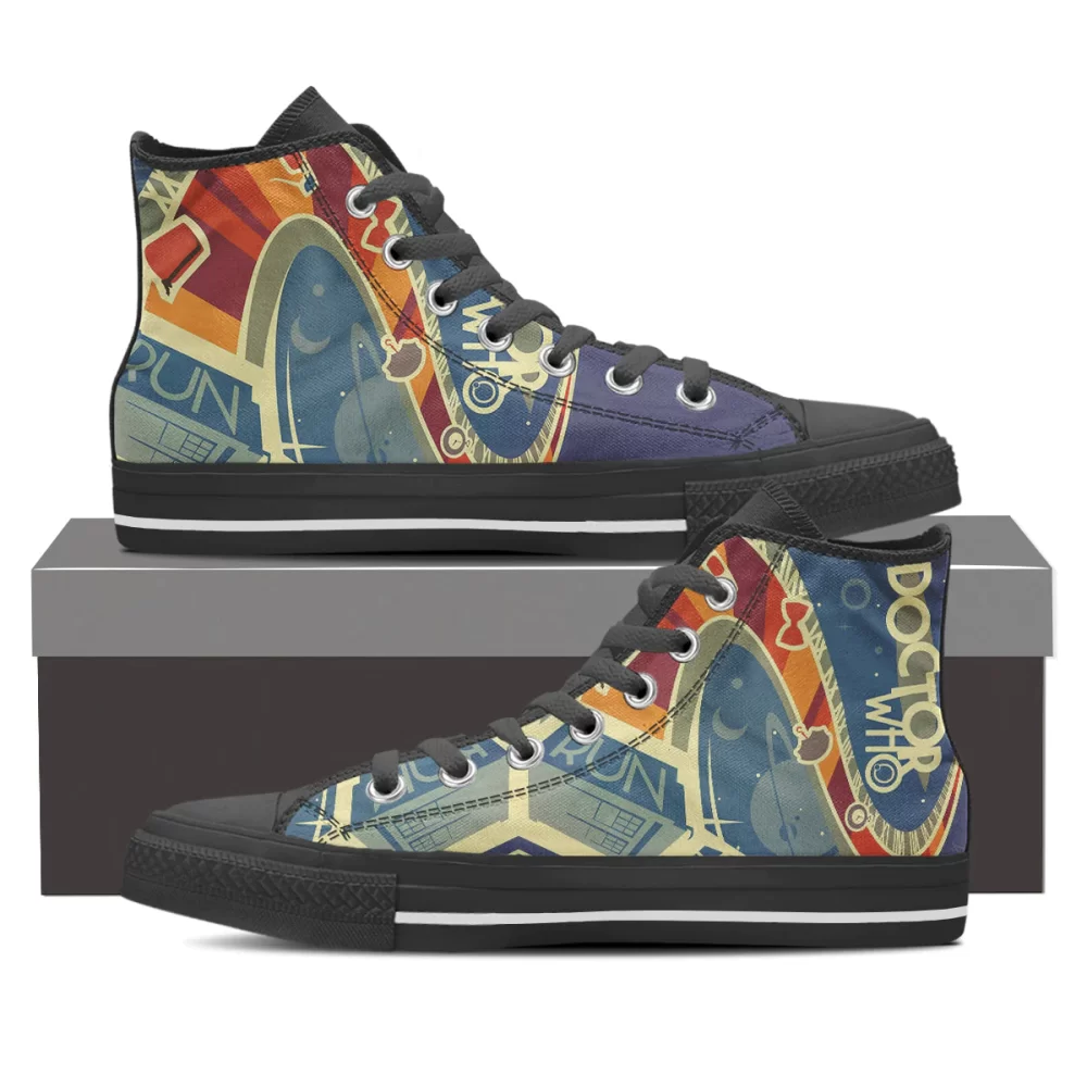 A pair of high-top canvas shoes with the exploding TARDIS and gold-and-blue swirls