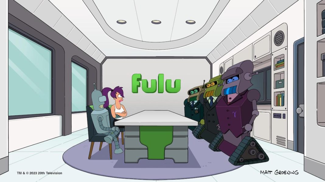 Futurama renewed! Bender and Leela negotiate with the Fulu execubots in Futurama season 11's premiere episode, "The Impossible Stream."