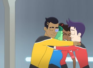 The Beat’s STAR TREK: LOWER DECKS season 4 spoiler roundtable L-R Eugene Cordero as Rutherford, Noël Wells as D’Vana Tendi, Tawny Newsome as Beckett Mariner and Jack Quaid as Brad Boimler in episode 10, season 4 of Lower Decks streaming on Paramount+, 2023. Photo Credit: Paramount+