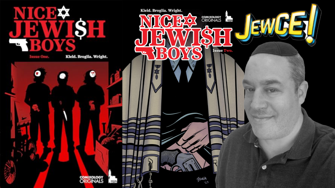 Black and white image of white man's face against background that reads "Nice Jewish Boys"