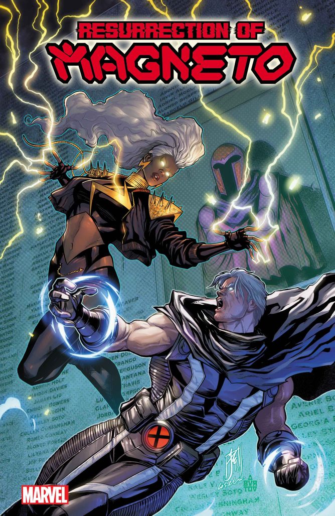 Artwork cover of Resurrection of Magento 2024. Storm on left. Magneto on the right.